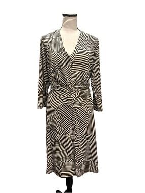 Cabi Striped Faux Wrap Midi Dress Medium Black Cream Geometric Knot Front